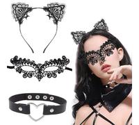 JYNVO Masque Catwoman de mascarade en dentelle pour femme, Masques de Chat Therian, Serre-tête Oreilles de Chat avec Tour de Cou en Cœur pour Mascarade, Carnaval, Cosplay, Halloween