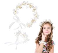 JYNXOR 2pcs Princesse Blanche Fleur Couvre-Chef +Bracelet Robe De Cheveux De Perle Cristal De Mariée Accessoires De Cheveux De Mariage Pour Les Filles