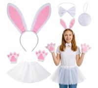 JynxtoyZeal Costume de Lapin de Pâques,5Pcs Costumes de 5pcs,Boucles de Cheveux Noeud Papillon Gants Voile Jupe Ensemble,Festival Party Show Dress Up Prop Enfants Adultes - Blanc