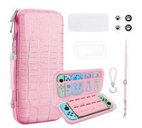 JYPS 10 en 1 Pochette de Transport Compatible avec Nintendo Switch OLED, Nouveau Crocodile Texture Étui Rigide de Housse avec poignée, Coque Switch pour Accessoire & Console pour Cadeaux Filles(Rosa