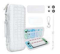 JYPS 10 en 1 Pochette de Transport Compatible avec Nintendo Switch OLED, Nouveau Crocodile Texture Rigide Housse de Protection avec Protecteur d'écran, Coque de Switch et Plus d'accessoires (Blanc)