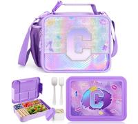 JYPS 2PCS Lunch Box Enfant Set, Sac Isotherme Repas Enfant, Bento Box avec Compartiments et des Couverts, Sans BPA Sac Boîte à Repas pour Fille/Bambin Préscolaire et Maternelle (Violet C)