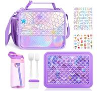 JYPS 3PCS Lunch Box Enfant Set,Sac à Lunch Isolation Enfants, Bento Box avec Compartiments, Bouteille d'eau,Sans BPA, Boîte à Repas pour Fille (La sirène)