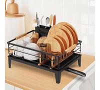 JYPS Egoutoire Vaisselle, Égouttoir Vaisselle Cuisine INOX avec Porte-Gobelets et Porte-Ustensiles, Seche Couvert avec Plateau d'égouttage et Drainage Automatique, Dish Cuisine Rangement, Noir