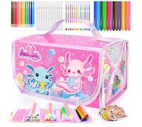 JYPS Feutres Coloriage Enfants, 70 Pièces Axolotl Lavable Marqueur Set avec Paillette Trousse, Crayons, Parfumés Feutre, Malette Dessin Couleur Fille 4-12 ans, Papeterie Idée Cadeau Anniversaire