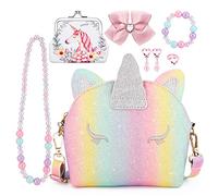 JYPS Sac à Main Licorne pour Petites Filles, 7PCS Sac à Bandoulière Mignon pour Enfants avec Dress up Jewelry Set Faire Semblant Accessoires de Jeu, Cadeau D'anniversaire Licorne Cadeau Fille Jouet