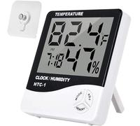 JYUDAUFU 2 pièces HTC-1 Thermomètre digital Hygromètre Horloge Alarme Affichage LCD Moniteur de température et d'humidité sur support mural avec crochet adhésif pour le salon,l'entrepôt,le bureau