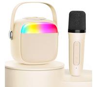 JYX Mini Karaoke Machine avec 2 Microphones sans Fil pour Enfants Adultes, Enceinte Karaoké Portable pour La Communication arents-Enfants/Cadeaux D'accompagnement L'apprentissage Précoce Beige/Rose