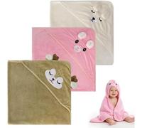 JYYWTSI 3 Pièces Sortie de Bain Bebe Cape de Bain Bebe 80 x 80 cm en Polaire Corail,Ensemble Serviette de Bain Bebe à Capuche avec Lapin Rose,Faon Marron et Ourson Blanc,Cadeau Bebe Naissance