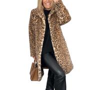 jyyyou Veste Mi-Longue à Imprimé Léopard pour Femme, Trench-Coat Long en Fausse Fourrure à Imprimé Léopard Ouvert sur Le Devant pour Femme, Manteau en Peluche à Col à Revers (Kaki, XL)