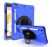 JZ 360 Degrees Kickstand Coque Cover Compatible with New iPad 10.2 inch (2019/2020) Stand Coque with Wrist Strap,Shoulder Strap and Pencil Holder - Blue