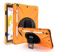 JZ 360 Degrees Kickstand Coque Cover Compatible with New iPad 10.2 inch (2019/2020) Stand Coque with Wrist Strap,Shoulder Strap and Pencil Holder - Orange