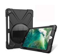 JZ 360 Degrees Kickstand Coque Cover Compatible with New iPad 9.7 inch (2017/2018) Stand Coque with Wrist Strap,Shoulder Strap and Pencil Holder - Black