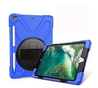 JZ 360 Degrees Kickstand Coque Cover Compatible with New iPad 9.7 inch (2017/2018) Stand Coque with Wrist Strap,Shoulder Strap and Pencil Holder - Blue