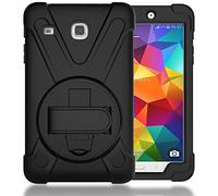 JZ 360 Degrees Kickstand Coque Cover Compatible with Samsung Galaxy Tab E 8.0 2016 (SM-T377,T375) Stand Coque with Wrist Strap and Shoulder Strap - Black