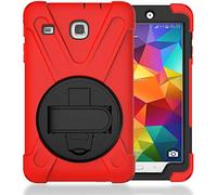 JZ 360 Degrees Kickstand Coque Cover Compatible with Samsung Galaxy Tab E 8.0 2016 (SM-T377,T375) Stand Coque with Wrist Strap and Shoulder Strap - Red