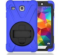 JZ 360 Degrees Kickstand Coque Cover Compatible with Samsung Galaxy Tab E 8.0 2016 (SM-T377,T375) Stand Coque with Wrist Strap and Shoulder Strap - Blue