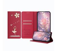 JZ Ballet Rhinestone Wallet Affaire pour iPhone 11, Conception de Ballerine de Luxe Glitter avec Fleur de Perle | Couverture de Fermeture magnétique en Cuir - Red