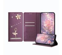 JZ Ballet Rhinestone Wallet Affaire pour RedMi Note 14 Pro 4G, Conception de Ballerine de Luxe Glitter avec Fleur de Perle | Couverture de Fermeture magnétique en Cuir - Purple