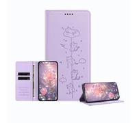JZ Engraved Playful Cat Design Cas pour Xiaomi 17 Case [Cas de Portefeuille en Cuir PU] [Bloquage RFID] [Charge sans Fil Compatible] - Violet