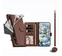 JZ Étui portefeuille à poche zippée pour HMD Pulse/Plus/Pro Marron | Étui à rabat en cuir à bandoulière | Poche zippée | Emplacements pour cartes | Dragonne | Béquille