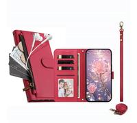 JZ Étui portefeuille à poche zippée pour HMD Pulse/Plus/Pro Rouge | Étui à rabat en cuir à bandoulière | Poche zippée | Emplacements pour cartes | Dragonne | Béquille
