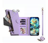 JZ Étui portefeuille à poche zippée pour HMD Pulse/Plus/Pro Violet | Étui à rabat en cuir à bandoulière | Poche zippée | Emplacements pour cartes | Dragonne | Béquille