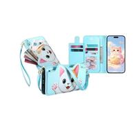 JZ Étui portefeuille avec béquille pour TCL 50/50 Pro / 60XE NxtPaper, étui à rabat en cuir avec porte-cartes et poche zippée, sangle réglable en forme de chat mignon, bleu