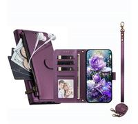 JZ Étui portefeuille avec poche zippée pour TCL 60 NxtPaper Violet | Étui à rabat en cuir à bandoulière | Poche zippée | Emplacements pour cartes | Dragonne | Béquille