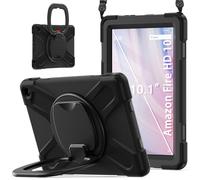 JZ Étui pour Amazon Fire HD 10 & 10 Plus (13th Gen,2023), résistant Anti-Choc Heavy Duty avec Support Rotatif 360°, poignée et bandoulière - Black