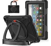 JZ Étui pour Amazon Fire HD 8 & 8 Plus (112th Gen,2022/2024), résistant Anti-Choc Heavy Duty avec Support Rotatif 360°, poignée et bandoulière - Black