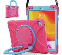 JZ Étui pour iPad 5th/6th / Pro 9.7 / Air 2, résistant Anti-Choc Heavy Duty avec Support Rotatif 360°, poignée et bandoulière - Rose Red&Blue