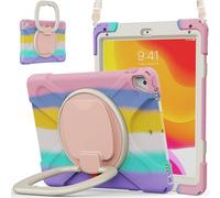 JZ Étui pour iPad 5th/6th / Pro 9.7 / Air 2, résistant Anti-Choc Heavy Duty avec Support Rotatif 360°, poignée et bandoulière - Rose Red&Blue