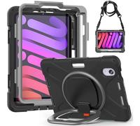 JZ Étui pour iPad Mini 7 (A17 Pro)/ Mini 6th, résistant Anti-Choc Heavy Duty avec Support Rotatif 360°, poignée et bandoulière - Black&Gray