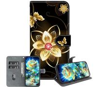 JZ Handmade Painted Wallet Cas pour iPhone 16 Pro Max,Conception de Texture en Cristal avec Porte-Cartes - Golden Flower
