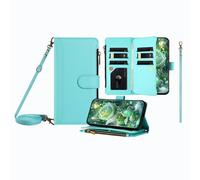 JZ Multi-Function Leather Portefeuille Cas pour Moto X30 Pro/Edge 30 Ultra with 9 Card Slots, Porte-Monnaie à Fermeture éclaire, Bracelet et épaulière, Chargement sans Fil Compatible - Mint Green