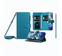 JZ Multi-Function Leather Portefeuille Cas pour RedMi Note 11/11S/12S with 9 Card Slots, Porte-Monnaie à Fermeture éclaire, Bracelet et épaulière, Chargement sans Fil Compatible - Lake Blue