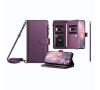 JZ Multi-Function Leather Portefeuille Cas pour Xiaomi Poco F7 Pro/Ultra with 9 Card Slots, Porte-Monnaie à Fermeture éclaire, Bracelet et épaulière, Chargement sans Fil Compatible - Violet