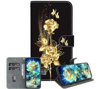 JZ pour iPhone 16e Crystal Texture Case, Portefeuille en Cuir PU Peint à la Main Couverture avec Kickstand & Fentes pour Cartes - Golden Rose