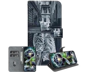 JZ pour Moto G8 Power Lite Crystal Texture Case, Portefeuille en Cuir PU Peint à la Main Couverture avec Kickstand & Fentes pour Cartes - Tiger Reflection