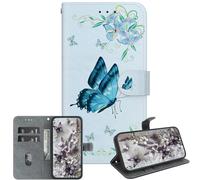 JZ pour Xiaomi Poco M6 Pro 4G / RedMi Note 13 Pro 4G / Note 14S 4G Cas, Texture de Cristal Peint à la Main Portefeuille Cas avec Porte-Cartes & Kickstand - Blue Butterfly