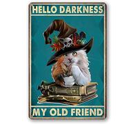 JZDKJN Plaque en métal « Hello Darkness My Old Friend » - Chat vintage avec chapeau de sorcière et livres - Décoration murale rétro pour café, bar, cave, garage - 20,3 x 30,5 cm - 50,8 cm