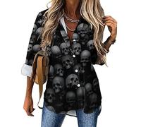 JZemdybill Chemisier à manches longues pour femme avec tête de mort noire - Chemise boutonnée pour le travail et les fêtes, Tête de mort noire., M