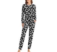 JZemdybill Ensemble de pyjama à col rond pour femme, pyjama grenouille pour femme, pyjama avec poches, Chauve-souris Halloween grise, S