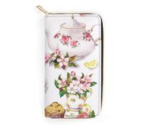 JZemdybill Portefeuille en cuir, note de musique à pois, petite taille et grande capacité, facile à transporter, Gâteau et théière Floral, 19.7x10.5cm, Moderne