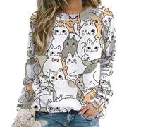 JZemdybill Sweat-shirt décontracté pour femme, imprimé chat, col rond, manches longues, motif de chat, S, Motif chat, S