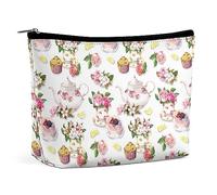 JZemdybill Trousse de maquillage à motif floral pour gâteau et théière - Trousse de toilette portable avec fermeture éclair pour un usage quotidien, voyage