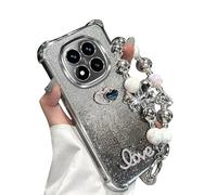 JZFDCLF Coque Antichoc en Silicone avec Support et Perles pour Xiaomi Redmi Note 14 Pro Plus 14C 4G 5G, Compatible avec Note 14 ProPlus (argenté)