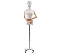 JZFOACHR Corps de Torse de Mannequin féminin avec Bras en Bois et Roues en métal, Hauteur réglable pour Femme, Forme de Robe de Mannequin pour présentation de vêtements, tête de Couronne-S
