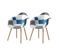 JZGORC Lot de 2 Chaise de Salle à Manger, Chaise de Salle à Manger en Patchwork de Lin, Moderne, Fauteuil de Style Nordique avec Pieds en hêtre（Bleu）